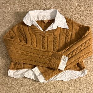 Pilcro V-Neck Cable Knit Sweater in Brown